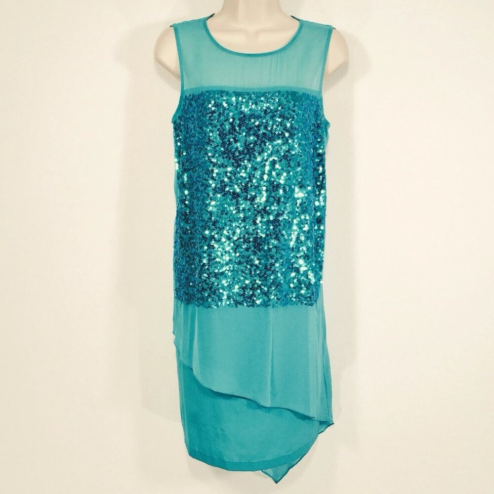 DKNY Silk Sequin Cocktail Dress Sz S Asymmetrical Chiffon Hem Elegant Luxury